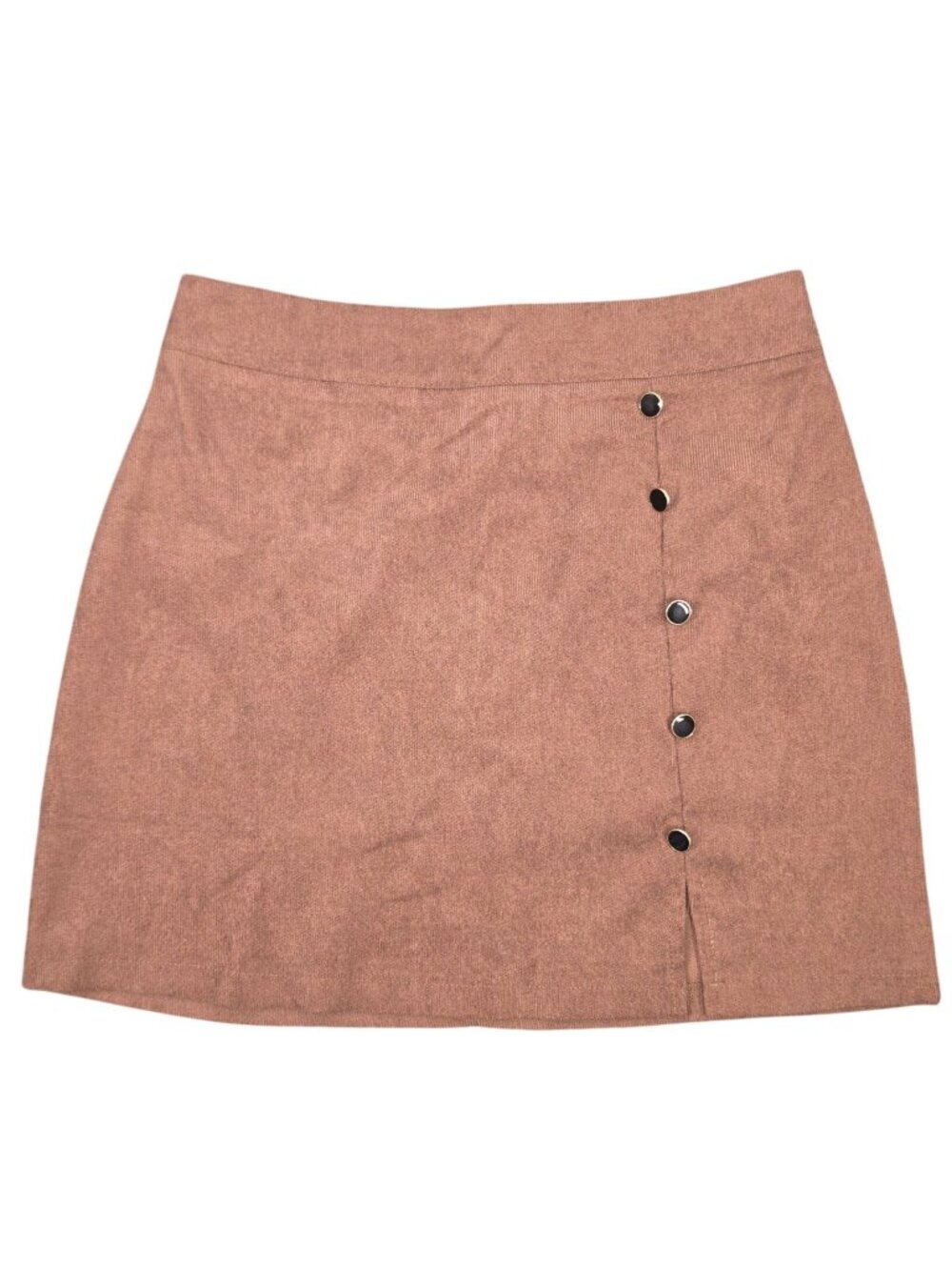 Women's Brown Textured Small Slit Skirt Button Details Medium High Waisted Mini